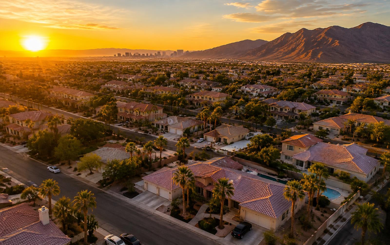 Las Vegas Valley neighborhoods at sunset